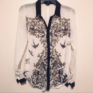 Women’s Cream Bird-Print Button-Up Blouse with Black Trim